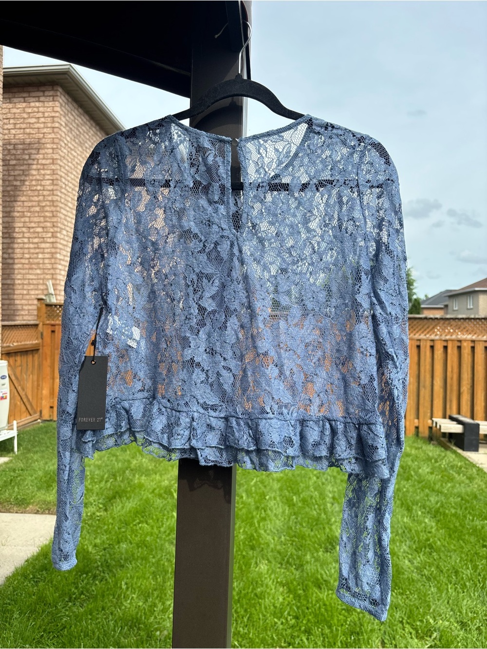 Forever 21 Dusty Blue Lace Ruffle Hem Long-Sleeve Top - Picture 3 of 3